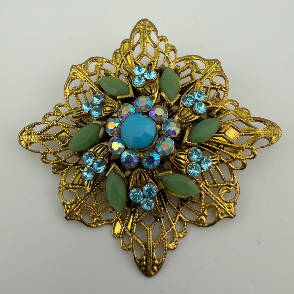Vintage Gold Tone Filigree Brooch Green Blue Rhinestone Faux Turquoise Large Pin